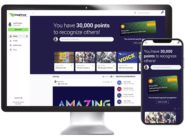 A view of Inspirus Connects on both desktop and mobile versions showing how it helps offline workers stay connected to employee recognition. Create a fully engaged workforce with a great organizational culture to help employees thrive. 