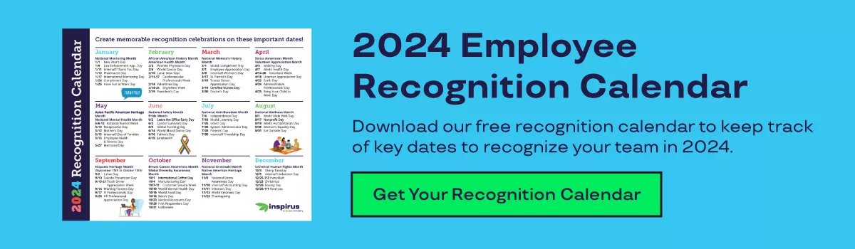 Graphic shows recognition calendar on the right. On the left, text says "2024 Employee Recognition Calendar. Download our free recognition calendar to keep track of key dates to recognize your team in 2024. 
