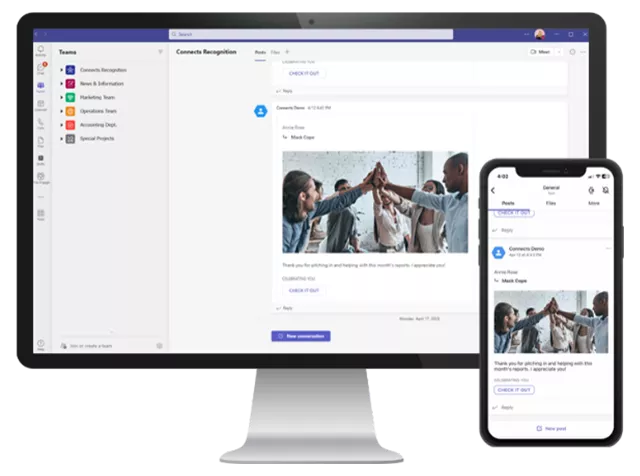 An image of the integration between Inspirus and Microsoft Teams. This shows how Inspirus can help improve your company culture and motivate employees to use the system in their existing team building tools. 