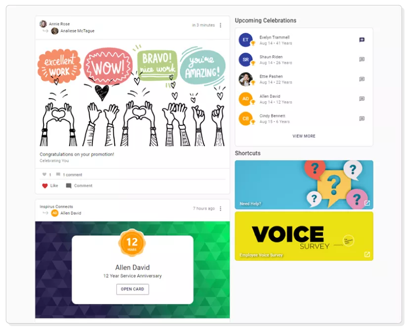 A mockup of an example social recognition wall. Alt text=An example of a social recognition wall. This wall shows a positive environment that highlights work life balance and helps drive towards the overall company's mission and core values to combat toxic workplace culture. 