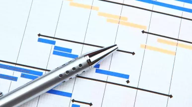 Image shows a pen resting over a printed gantt chart