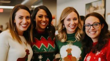 Employees smiling during a holiday team building activity